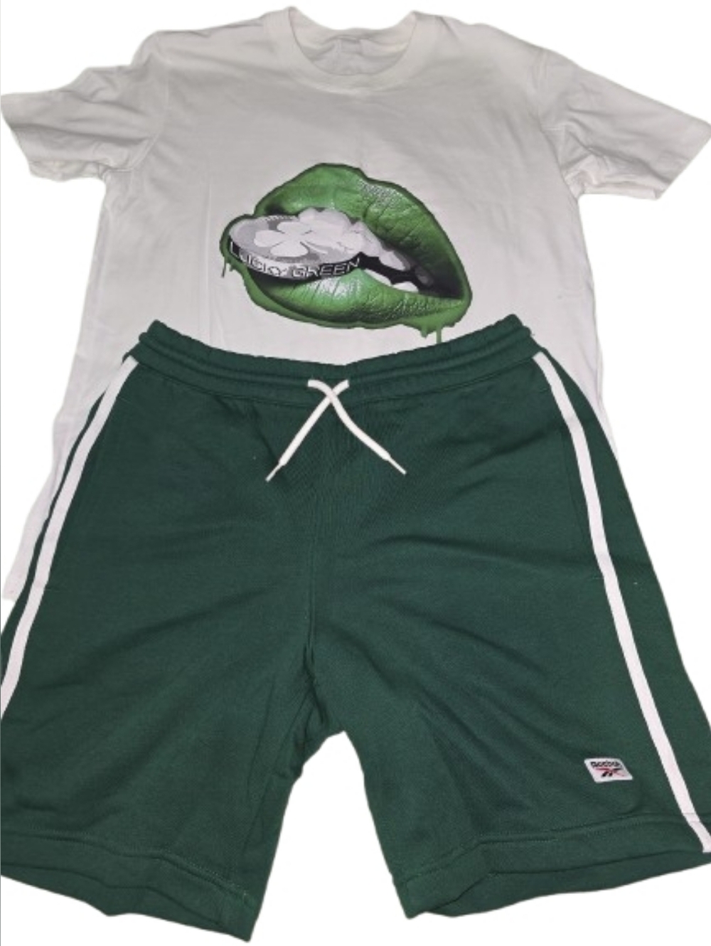 Green Reebok Shorts + White Graphic Lips T-Shirt Set Size (M) Streetwear OutfitS